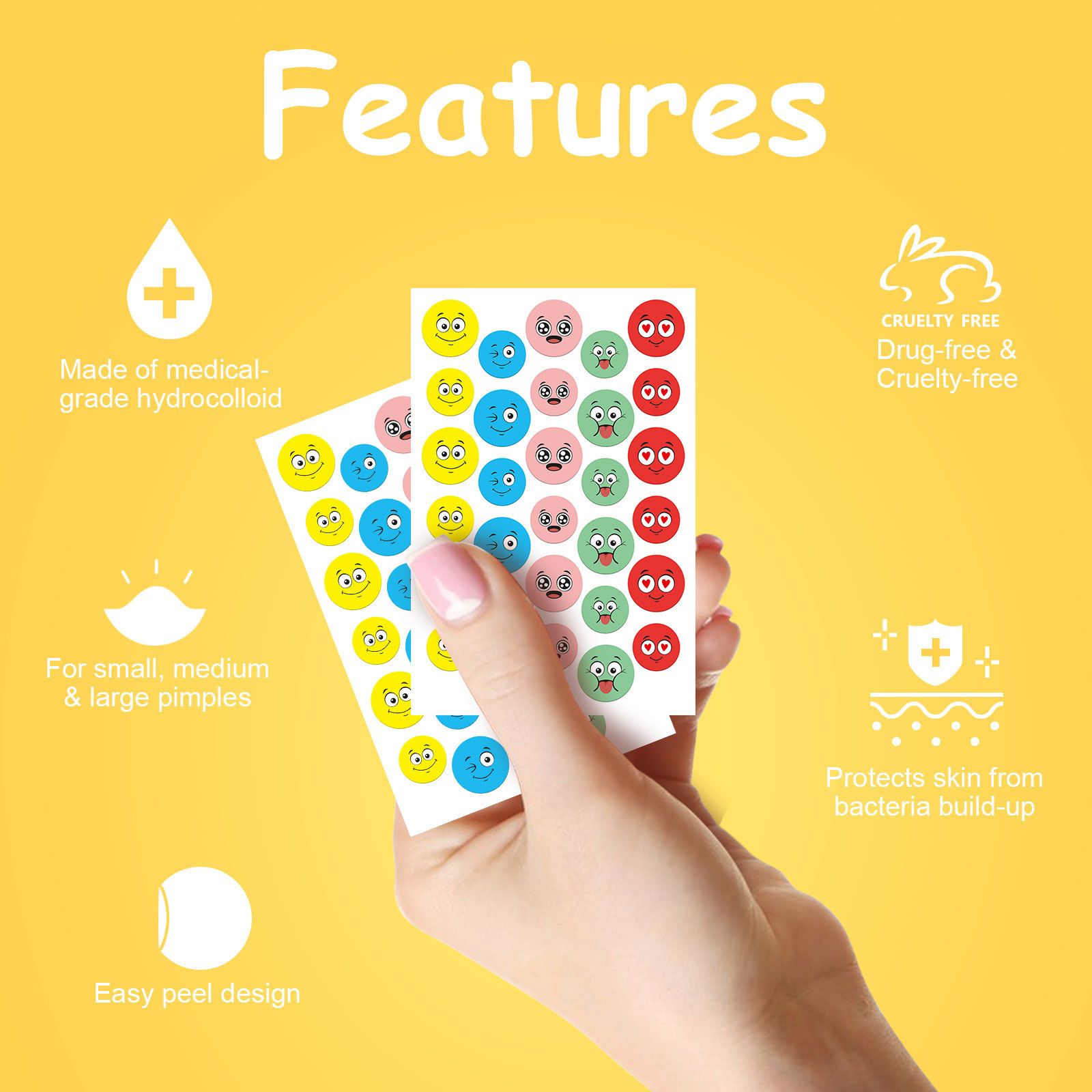 Pimple Patches for Face Day and Night Acne Patches emoji faces 30Patches Cute Spot Stickers with Tea Tree & Centella Oil, Strong Adhesion Zit Covers | 196 C