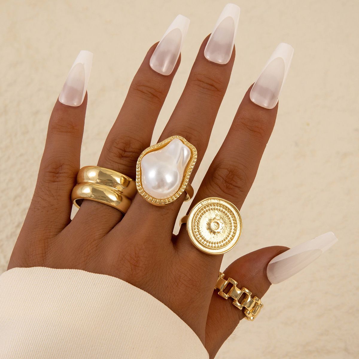 4PCS Chunky Gold Rings for Women Adjustable Round Dome Ring Set Open Bold Thick Rings Chunky Silver Rings Minimalist Solid Ring Band Stackable Statement Jewelry