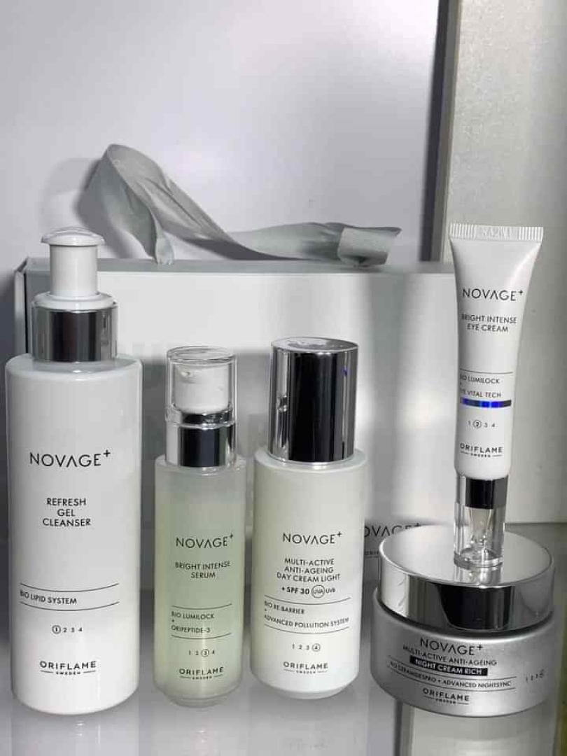 ORIFLAME NOVAGE BRIGHT INTENSE ROUTINE(FORMERLY KNOWN AS BRIGHT INTENSE)SET THAT CONTAINS SUPREME CLEANSER,DAY CREAM WITH 15SPF,NIGHT CREAM,SERUM AND EYE CREAM FOR A BETTER RESULTS.