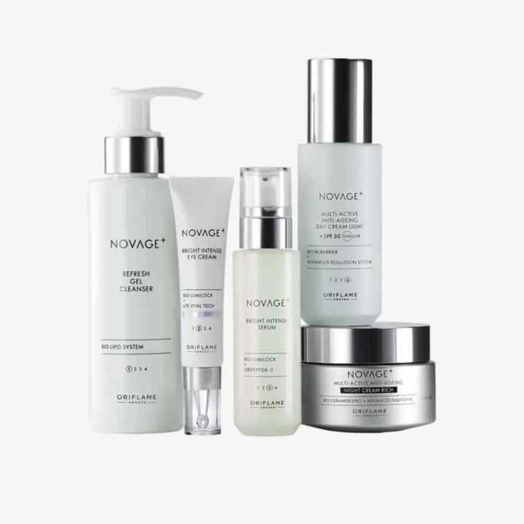 ORIFLAME NOVAGE BRIGHT INTENSE ROUTINE(FORMERLY KNOWN AS BRIGHT INTENSE)SET THAT CONTAINS SUPREME CLEANSER,DAY CREAM WITH 15SPF,NIGHT CREAM,SERUM AND EYE CREAM FOR A BETTER RESULTS.