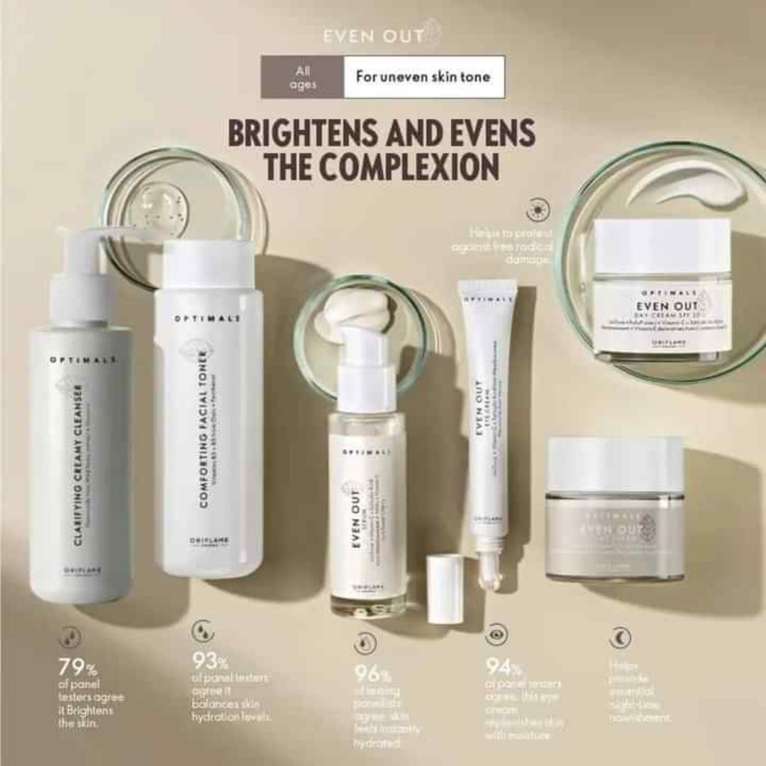 ORIFLAME OPTIMALS EVEN OUT SET FOR MATURE SKIN ABOVE AGE OF 30 FORMULATED WITHVitamin C & Salicylic Acid from Meadowsweet to reduce skin discolouration and prevent the appearance of dark spots for a f