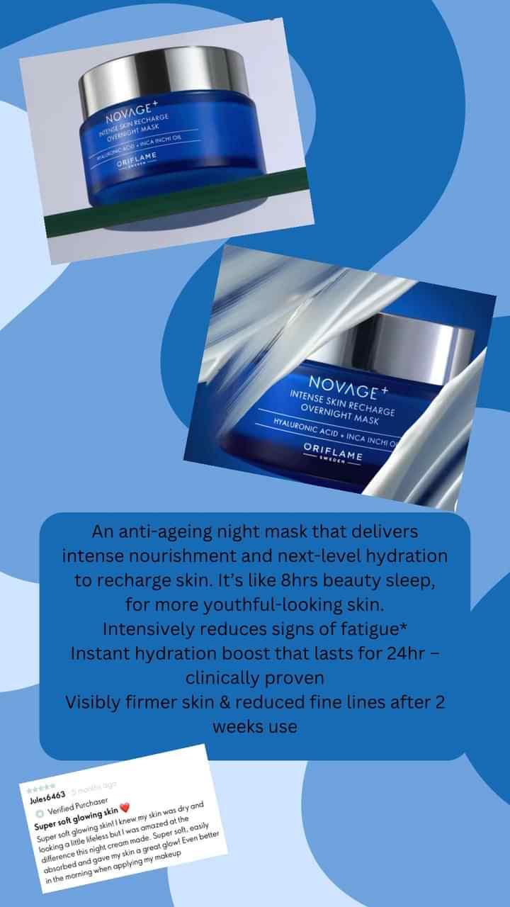 ORIFLAME NOVAGE INTENSE SKIN RECHARGE OVERNIGHT MASK FOR 8HOURS BEAUTY SLEEP IN A NIGHT THAT WILL RESTORE YOUR SKIN TEXTURE TO KEEP IT YOUTHFUL AND FLOWLESS