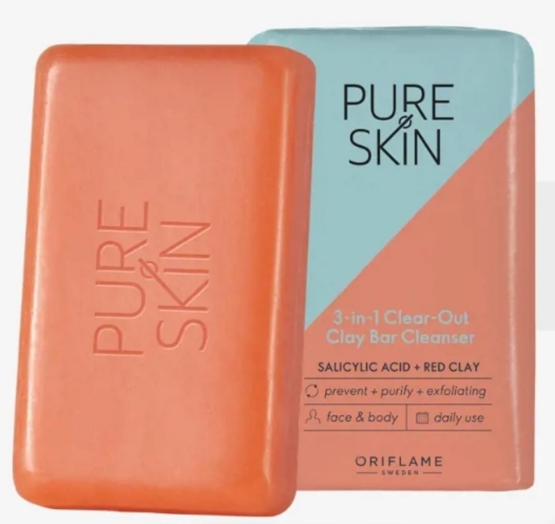3-in-1 Clear-Out Clay Bar Cleanser.Multi-functional bar cleanser for face and body that targets blackheads, blemishes and bacne. Designed to delicately cleanse, exfoliate skin and purify clogged pores