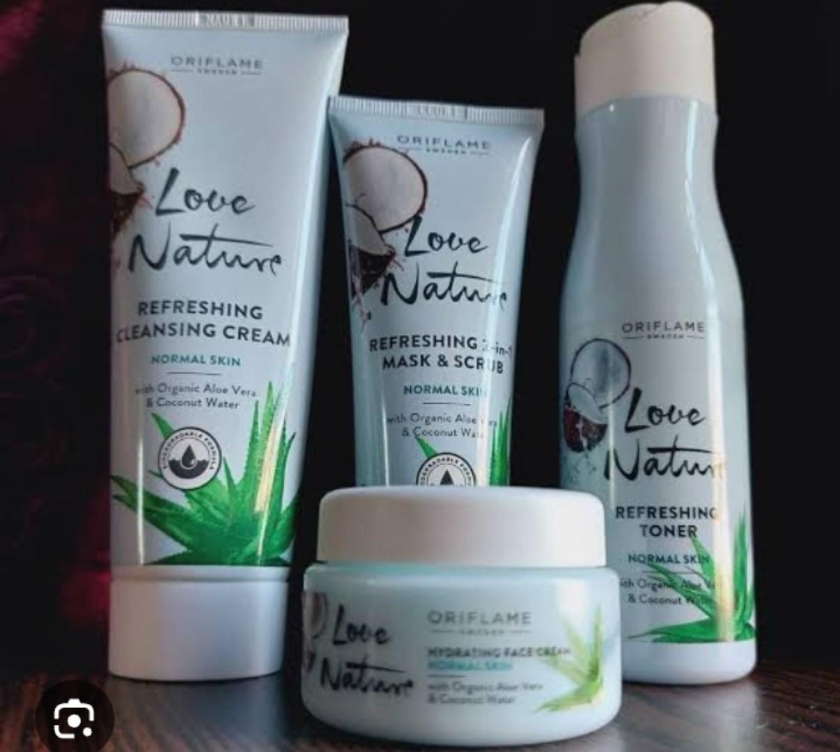 Oriflame Love Nature Refreshing Skin set that contain Cleanser,Toner,2 in 1 mask and day cream for a Normal skin for any age.Ingredients are aloe Vera and coconut water for a good looking younger skin