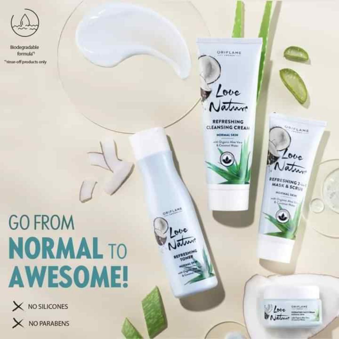 Oriflame Love Nature Refreshing Skin set that contain Cleanser,Toner,2 in 1 mask and day cream for a Normal skin for any age.Ingredients are aloe Vera and coconut water for a good looking younger skin