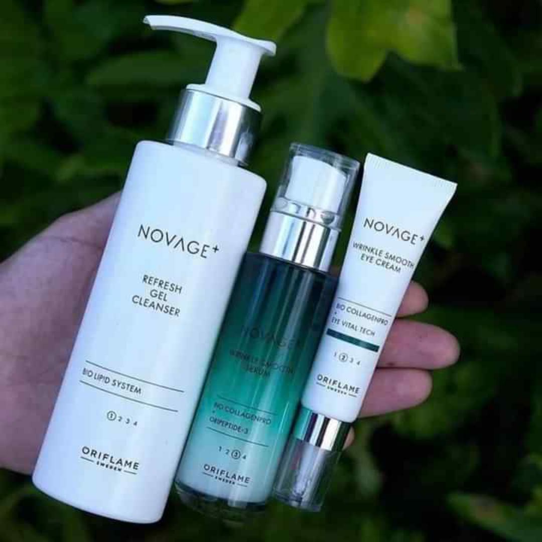 NOVAGE ORIFLAME WRINKLE SMOOTH ROUTINE (FORMERLY ECOLLAGEN)SET REDUCING WRINKLES AND IMPROVE THE FIRMNESS OF THE SKIN CAUSING THE FACE TO BE FLOWLESS WITH YOUNGER LOOKING SKIN.