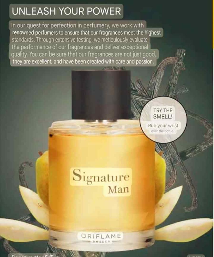 ORIFLAME SIGNATURE MAN PERFUME.WOODY & FRUITY OUTSTANDING PERFUME FOR AN OUTSTANDING MAN THAT WILL LAST THE WHOLE DAYRepresenting a man of creativity and culture. Woody and fruity Signature is a fragr