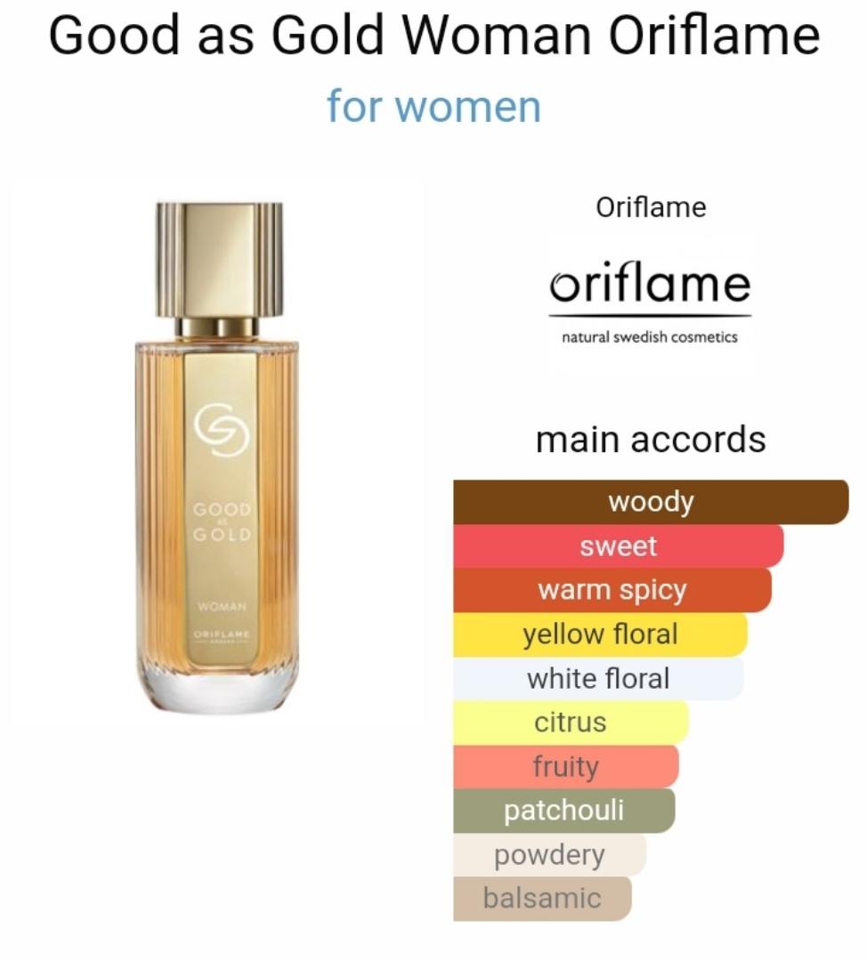 ORIFLAME GOOD AS GOLD WOMAN PERFUME.The exclusive Glow Accord is full of volume and glows with golden beauty to magnify you. Crafted with the solar petally note of Orange Blossom that you know and lov