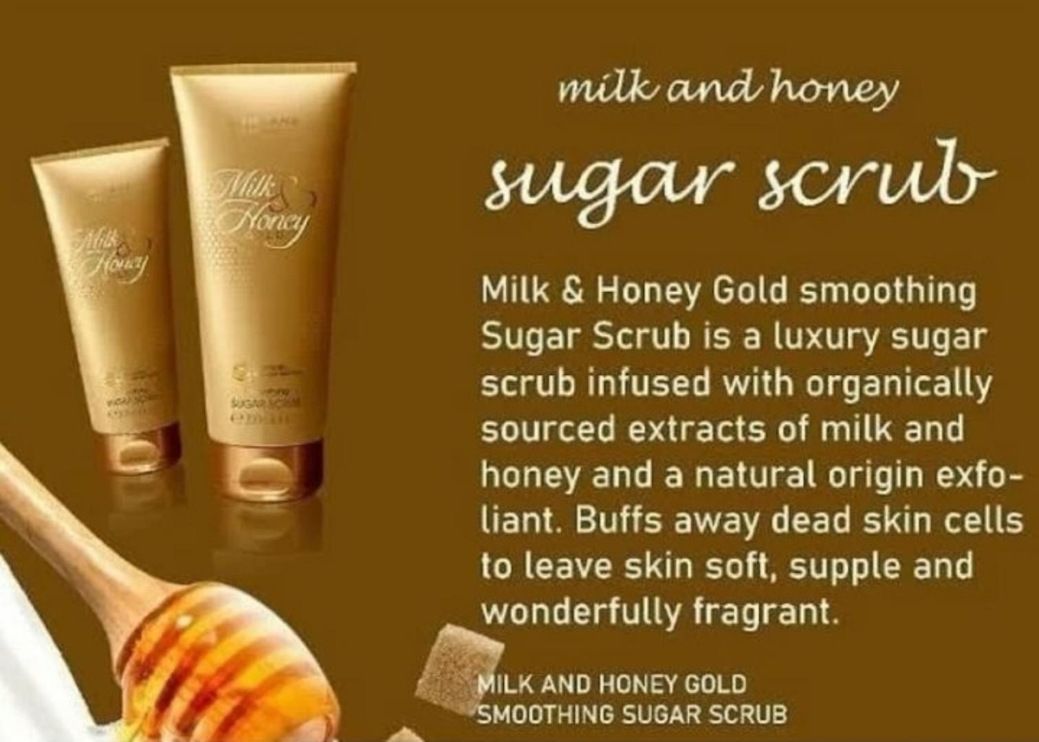 ORIFLAME MILK & HONEY GOLD SMOOTHING SUGAR SCRUB FOR THE WHOLE BODY,REMOVING ALL CLOGGED DIRT ACCUMULATION FROM THE BODY LEAVING IT FRESH,SMOOTH AND FLOWLESS.