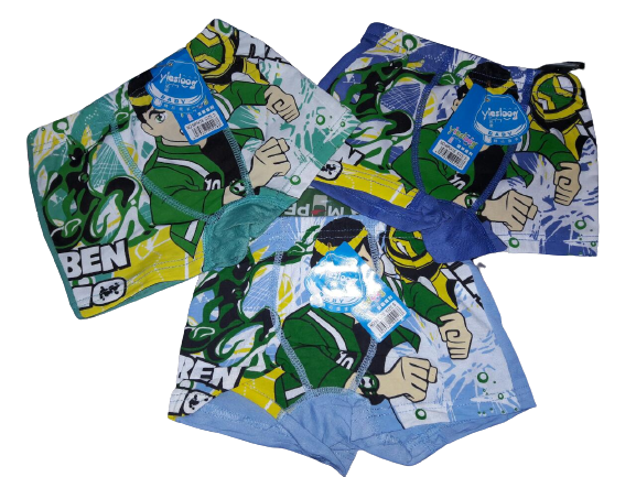 3 Pcs Cartoon Striped Boys Cotton Boxers 2-14 Yrs. Kids Boxers. Sizes: S, M, L, XL. (Ben 10 Printed)