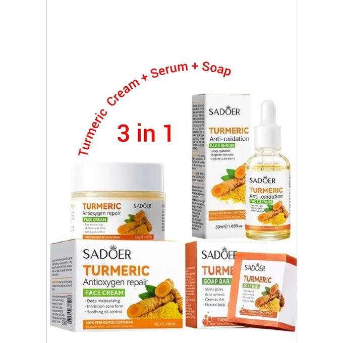 SADOER 3 Packs Turmeric Soap Bar + Serum + Cream Skin Care for Shower, Smoothing and Cleanses Skin Face Wash Soap Face Serum, Face Wash Oily Skin Bar Soap for Face and Body