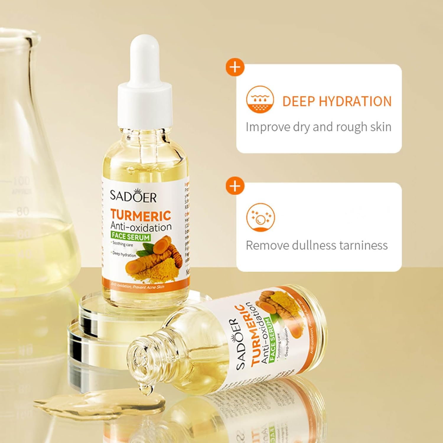 SADOER 2 In 1 Turmeric Serum + Turmeric Facial Cleanser, Turmeric Cleanser and Turmeric Serum Moisturizes, prevents Acnes, Lightes, Smoothen, Cleanses and Brighten Skin, Can add Vitamin C for bright s