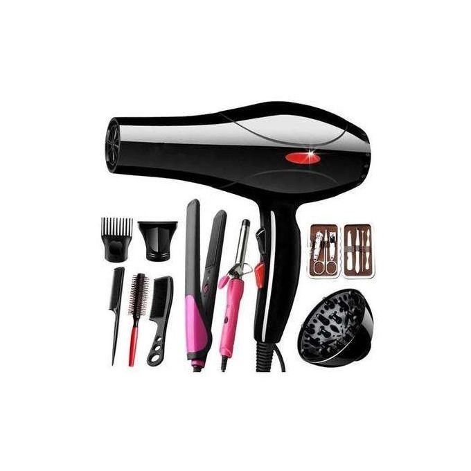 12Pcs Professional blow dry with accessories 1200W Hair Dryer Strong full set Blow Drier with cord1 Noozle1 Detachable Comb1 Flat Iron Tongs 2 Hair Clips 3 Styling Combs Manicure Kit Curl Maker Kit