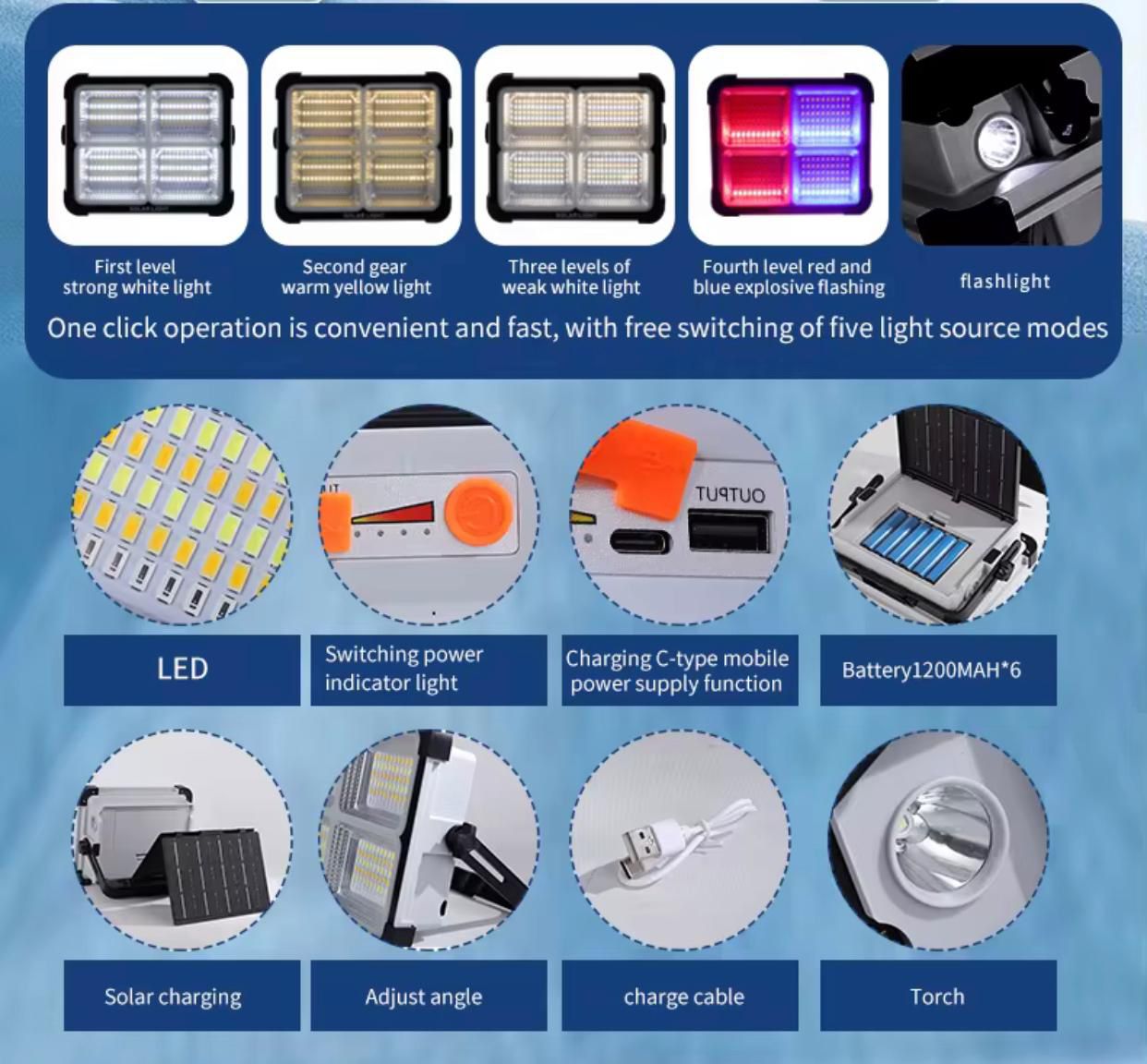 300W Solar Rechargeable Lamp with Flashlight Functions and Four levels of lighting