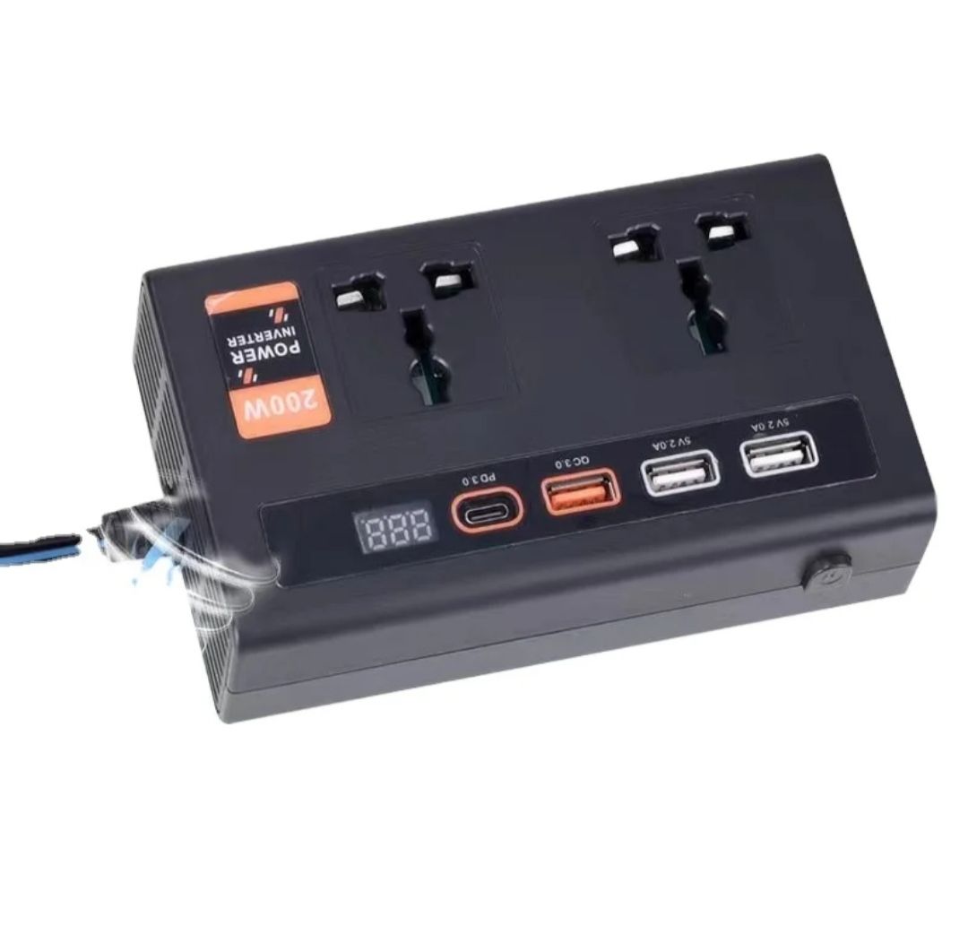 200W High Power Fast charging car inverter DC/AC 12V to 220/24V With Two Charging ports,3 USB Ports and 1 type c port & cigarette lighter port