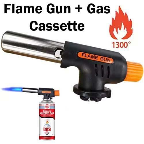 Flamethrower + Butane Gas Can Cannister Cassette Flame Gun Head Torch, Camping Welding Fire Maker Lighter Burners BBQ Propane LPG Blowtorch Automatic Cooking