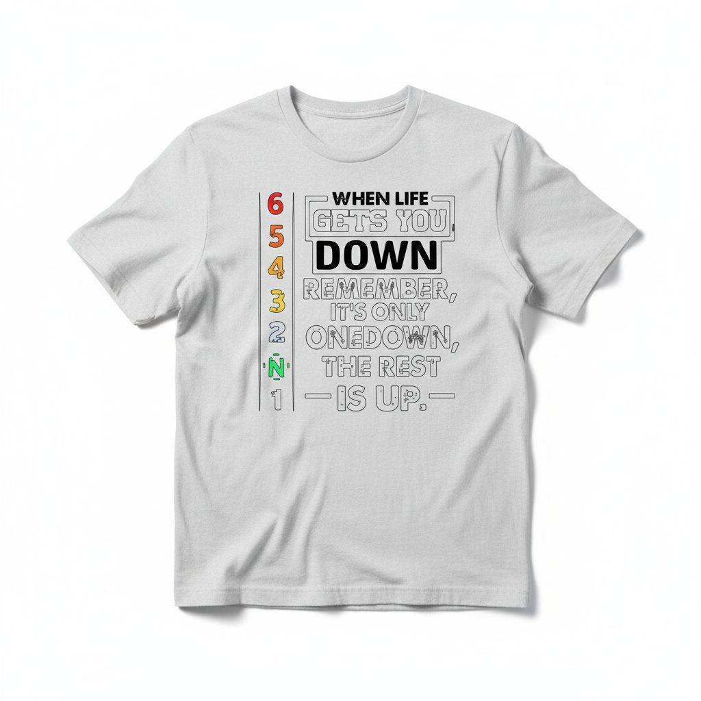 Motorcycle Gear Shift T-shirt | Funny Biker Quote Tee | "One Down, The Rest Is Up" Motivational Men's Top
