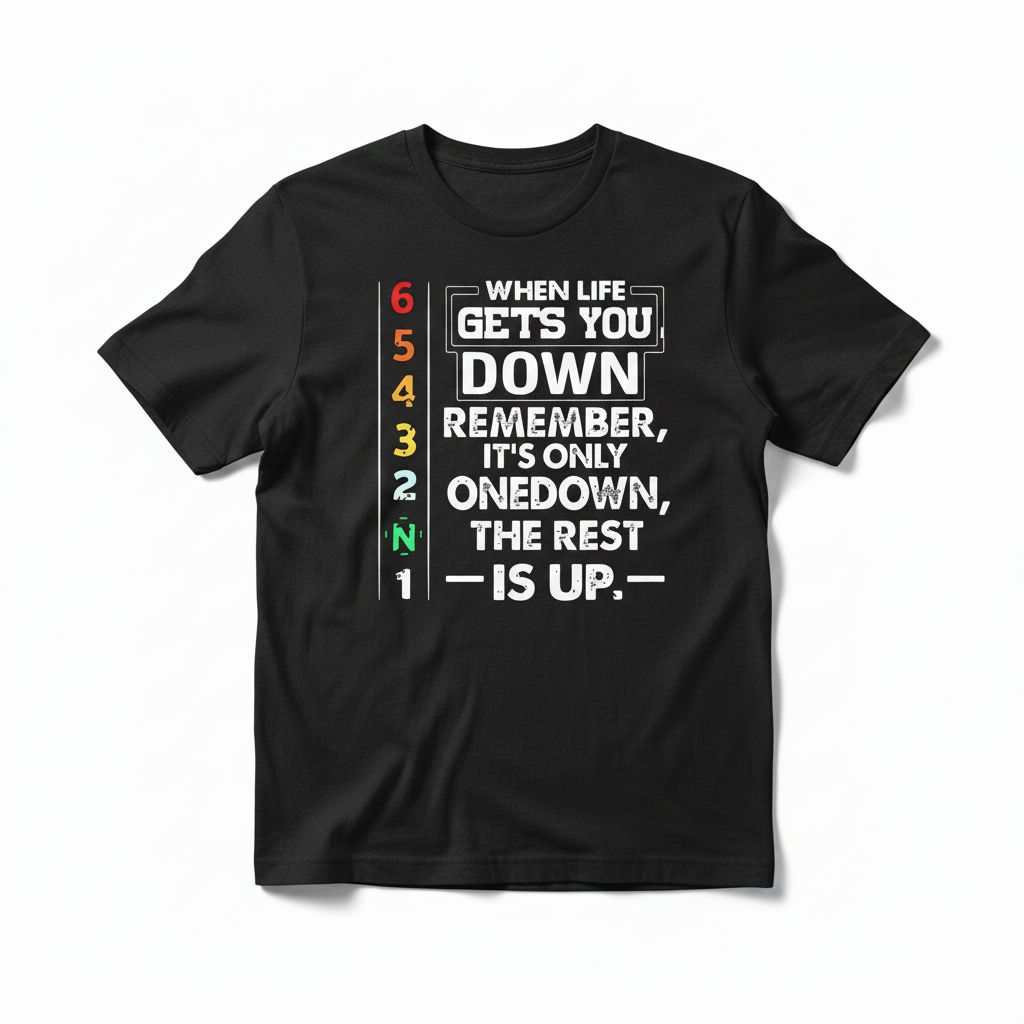 Motorcycle Gear Shift T-shirt | Funny Biker Quote Tee | "One Down, The Rest Is Up" Motivational Men's Top