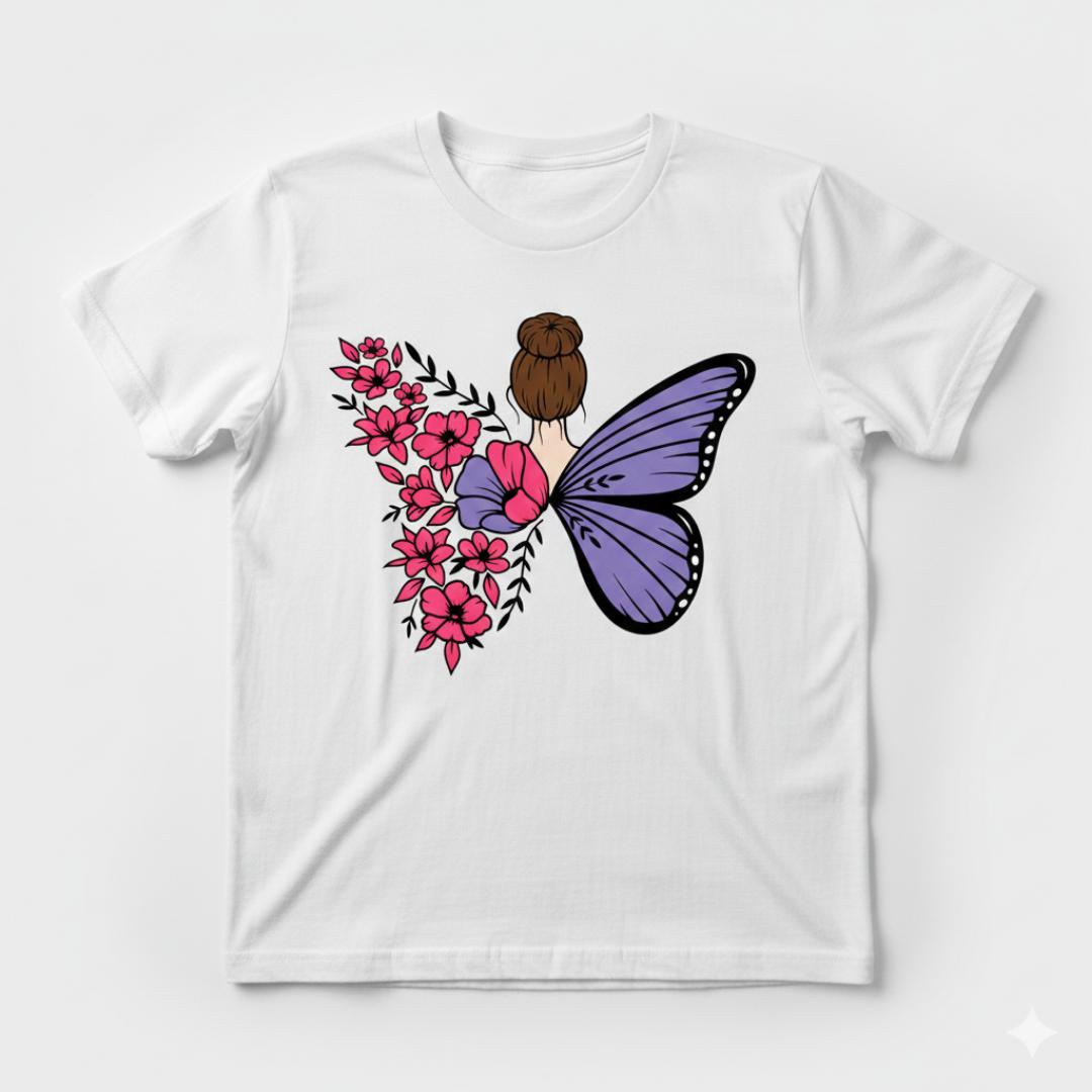 Unique Back Design T-Shirt | Purple Butterfly & Pink Floral Women's Top | Trendy Cotton