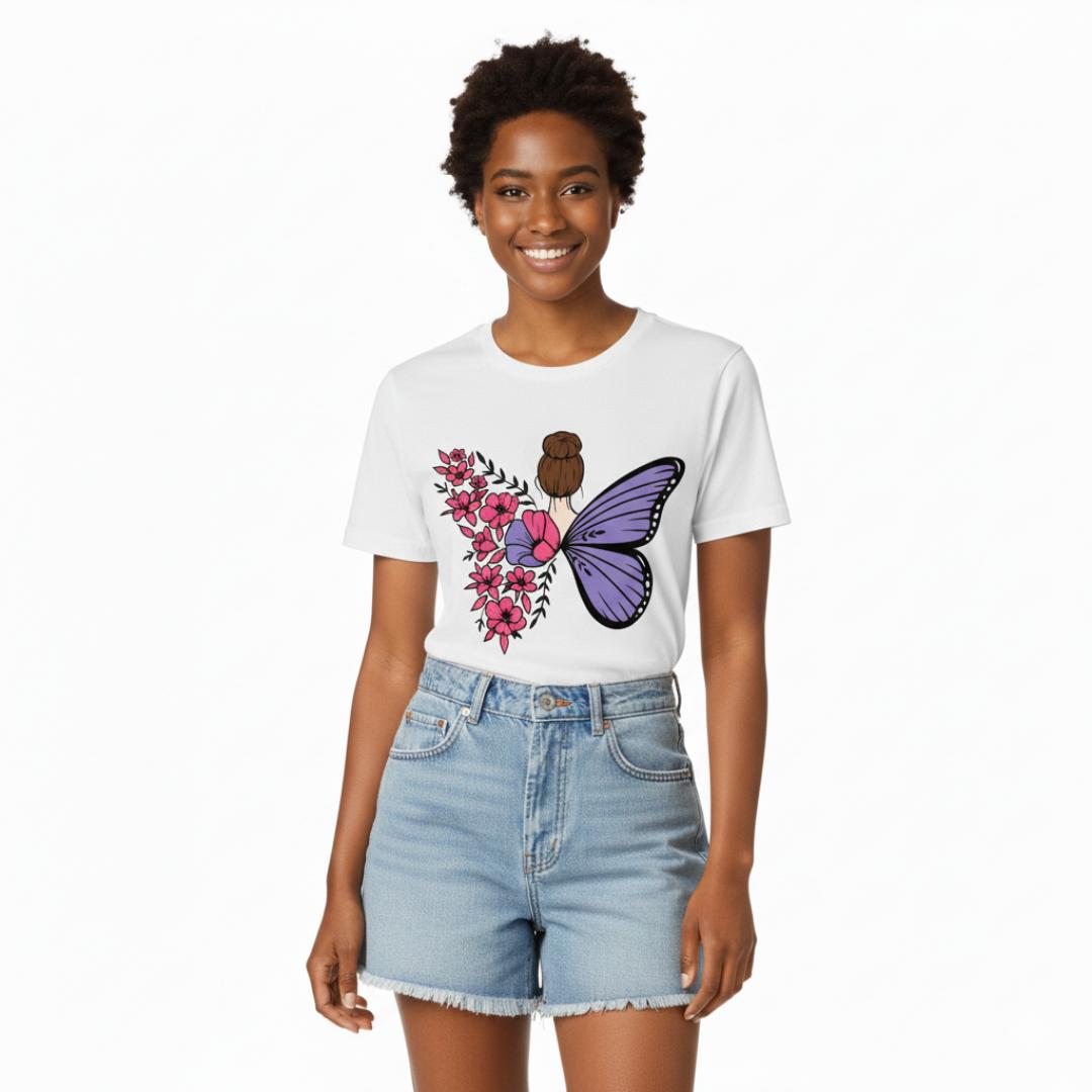 Unique Back Design T-Shirt | Purple Butterfly & Pink Floral Women's Top | Trendy Cotton