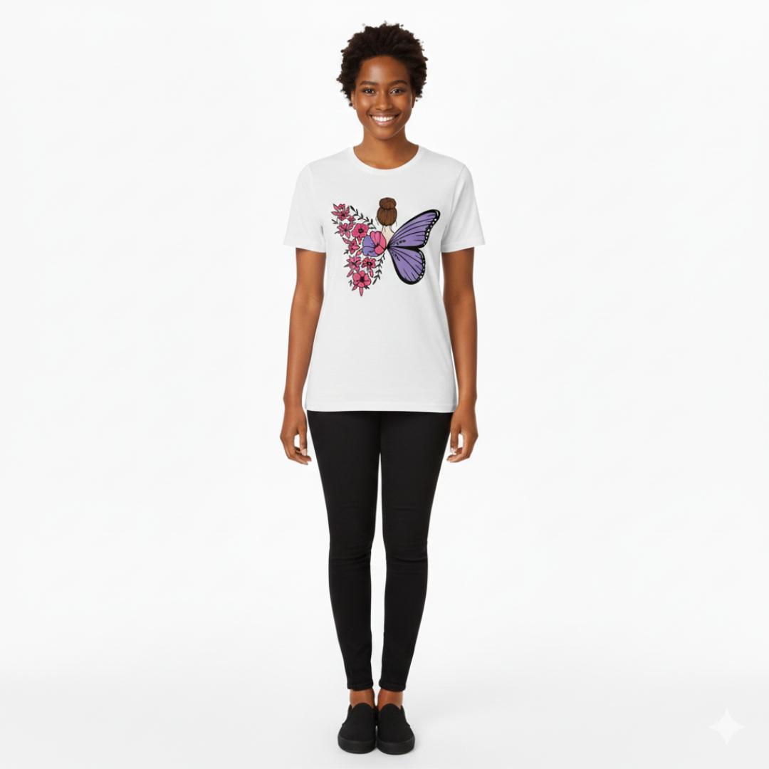 Unique Back Design T-Shirt | Purple Butterfly & Pink Floral Women's Top | Trendy Cotton