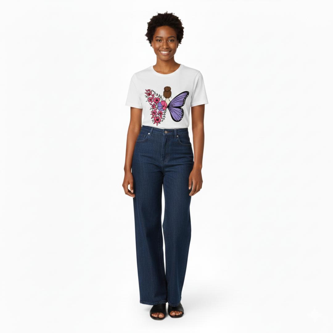 Unique Back Design T-Shirt | Purple Butterfly & Pink Floral Women's Top | Trendy Cotton