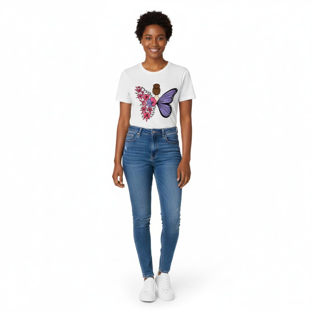 Unique Back Design T-Shirt | Purple Butterfly & Pink Floral Women's Top | Trendy Cotton