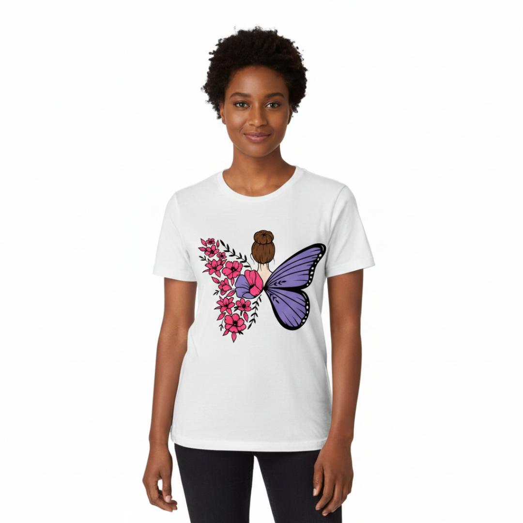 Unique Back Design T-Shirt | Purple Butterfly & Pink Floral Women's Top | Trendy Cotton