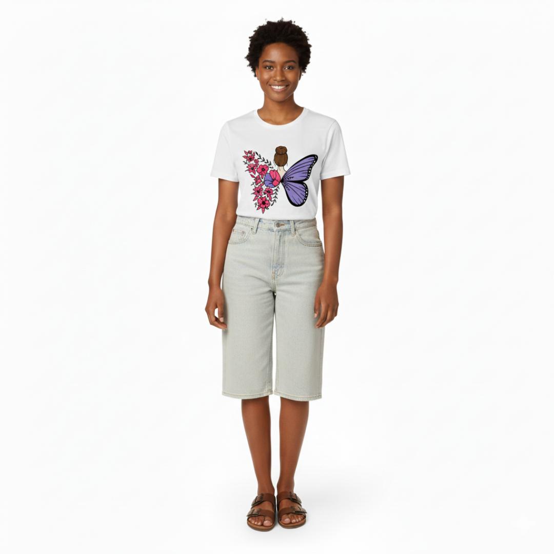 Unique Back Design T-Shirt | Purple Butterfly & Pink Floral Women's Top | Trendy Cotton