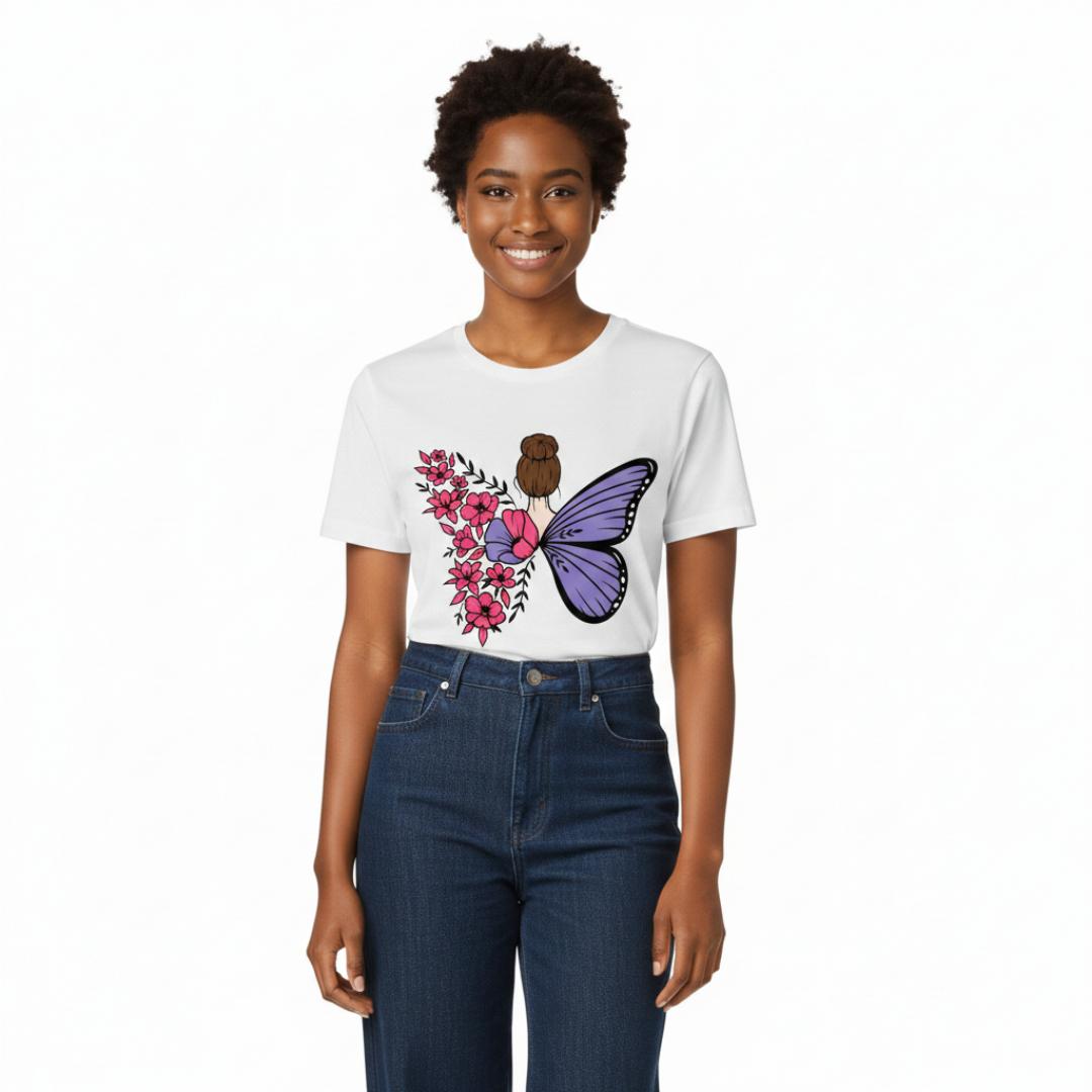 Unique Back Design T-Shirt | Purple Butterfly & Pink Floral Women's Top | Trendy Cotton