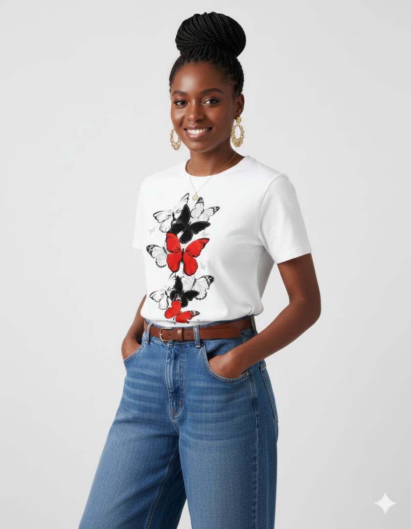 Chic Women's T-Shirt with Bold Red, Black, and White Butterfly Graphic Print, perfect for casual style.