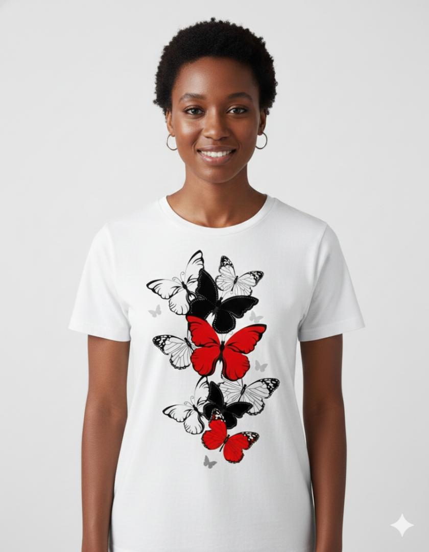 Chic Women's T-Shirt with Bold Red, Black, and White Butterfly Graphic Print, perfect for casual style.