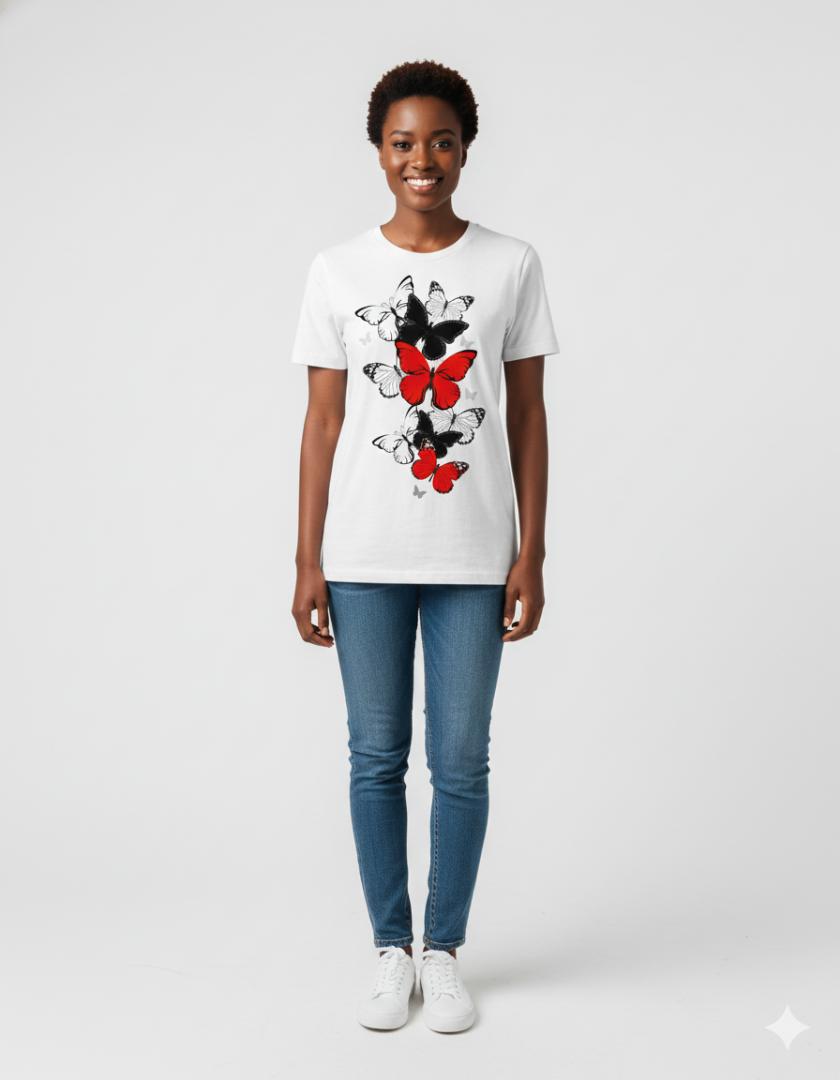 Chic Women's T-Shirt with Bold Red, Black, and White Butterfly Graphic Print, perfect for casual style.