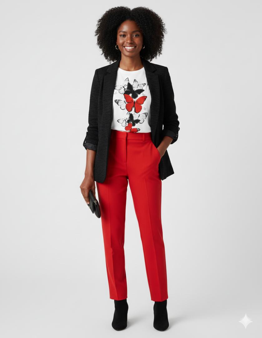 Chic Women's T-Shirt with Bold Red, Black, and White Butterfly Graphic Print, perfect for casual style.