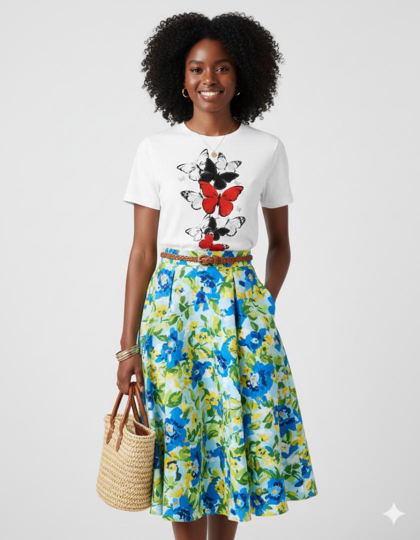 Chic Women's T-Shirt with Bold Red, Black, and White Butterfly Graphic Print, perfect for casual style.