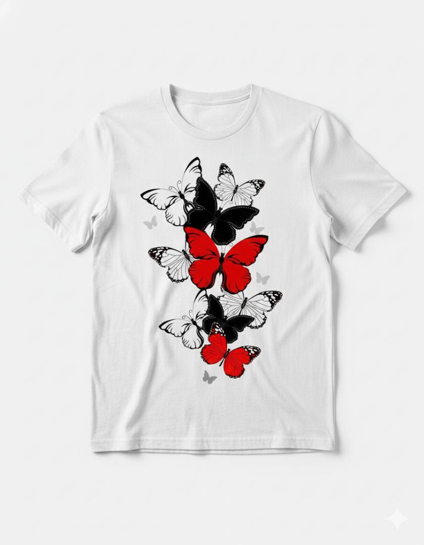Chic Women's T-Shirt with Bold Red, Black, and White Butterfly Graphic Print, perfect for casual style.
