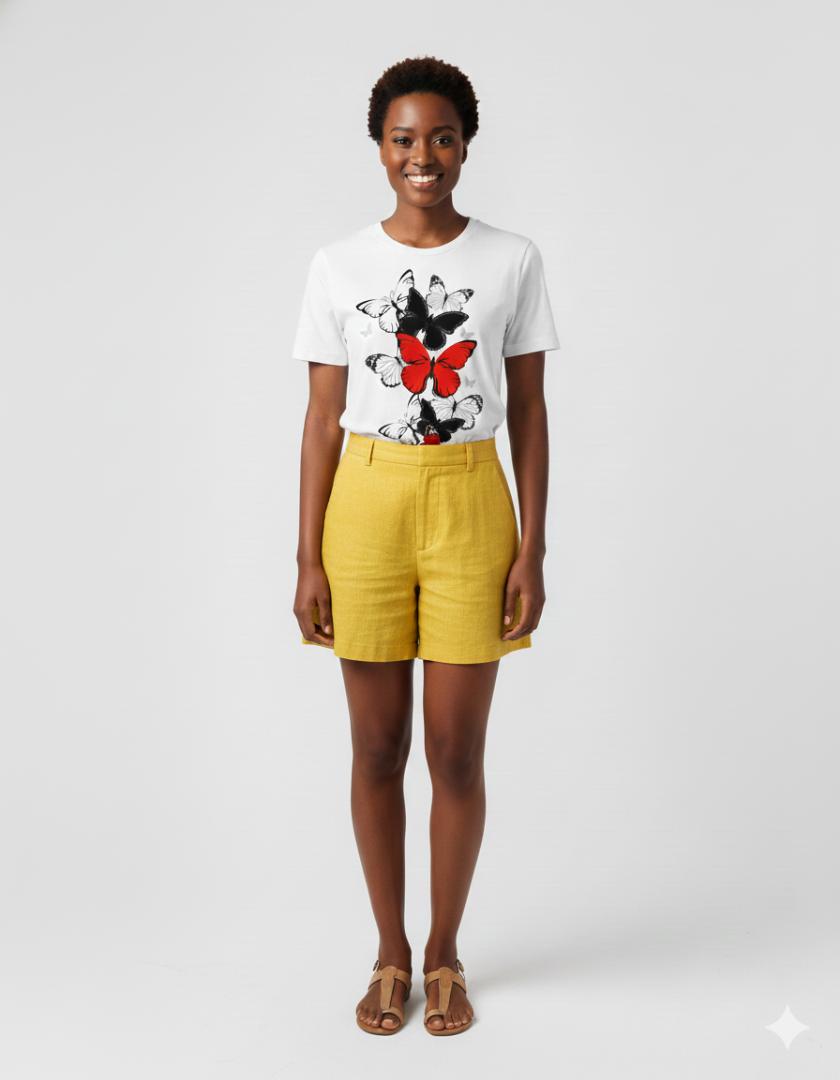 Chic Women's T-Shirt with Bold Red, Black, and White Butterfly Graphic Print, perfect for casual style.