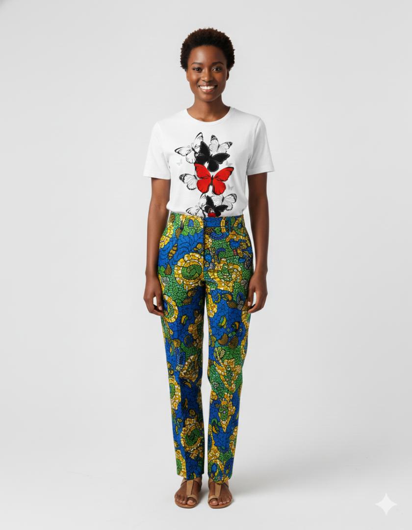 Chic Women's T-Shirt with Bold Red, Black, and White Butterfly Graphic Print, perfect for casual style.