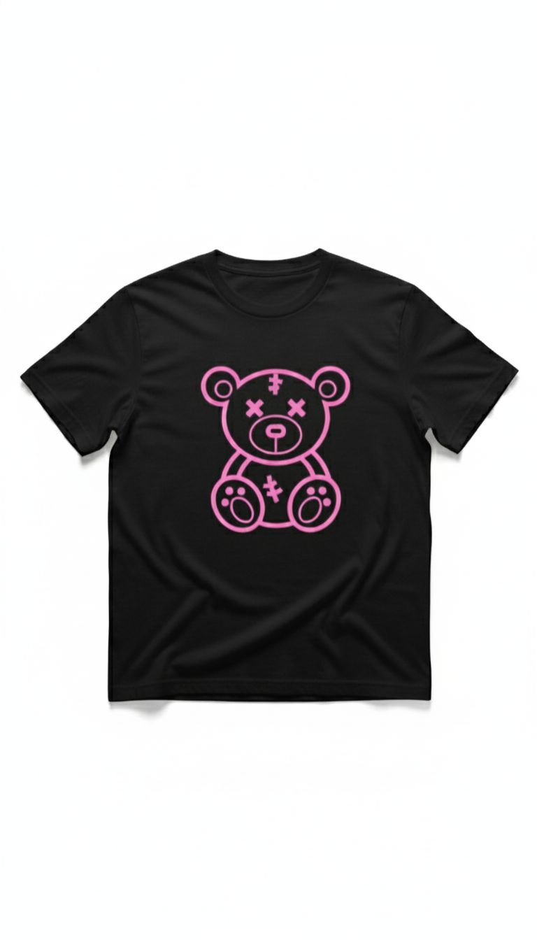Black Women's T-Shirt with Cute Pink Stitched Teddy Bear Graphic | Casual Fashion Loose Fit Top