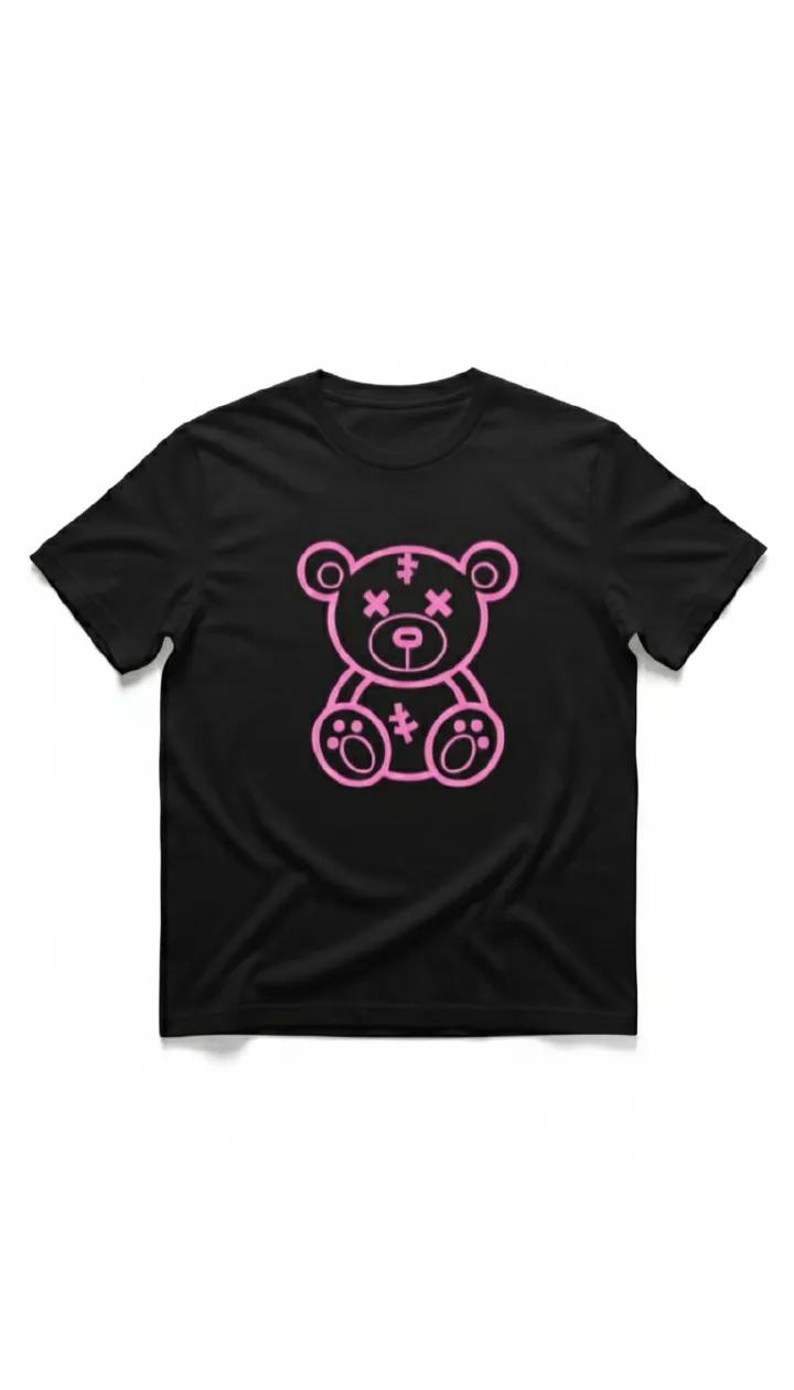 Black Women's T-Shirt with Cute Pink Stitched Teddy Bear Graphic | Casual Fashion Loose Fit Top