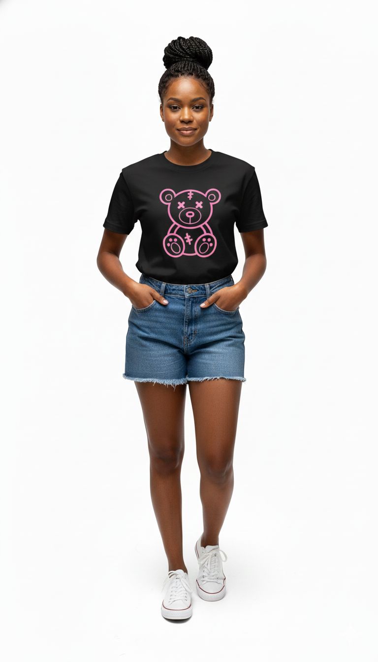 Black Women's T-Shirt with Cute Pink Stitched Teddy Bear Graphic | Casual Fashion Loose Fit Top