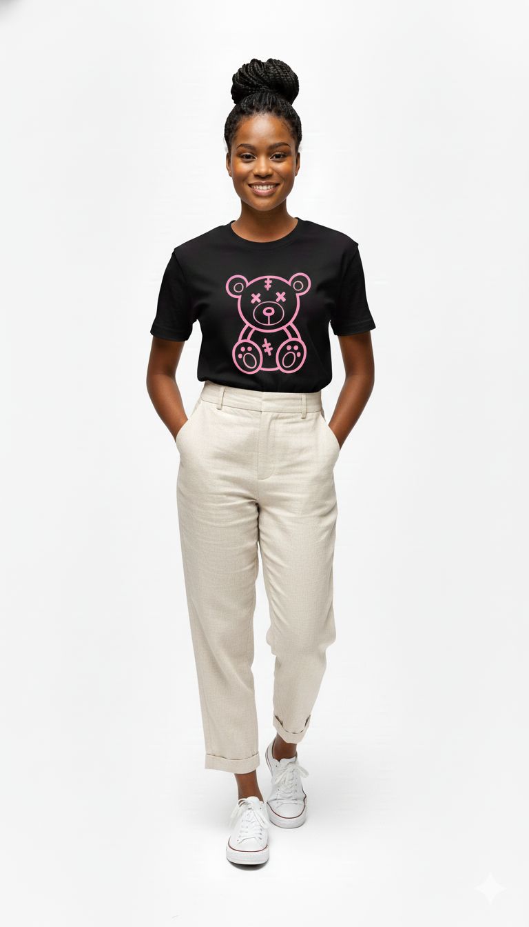 Black Women's T-Shirt with Cute Pink Stitched Teddy Bear Graphic | Casual Fashion Loose Fit Top