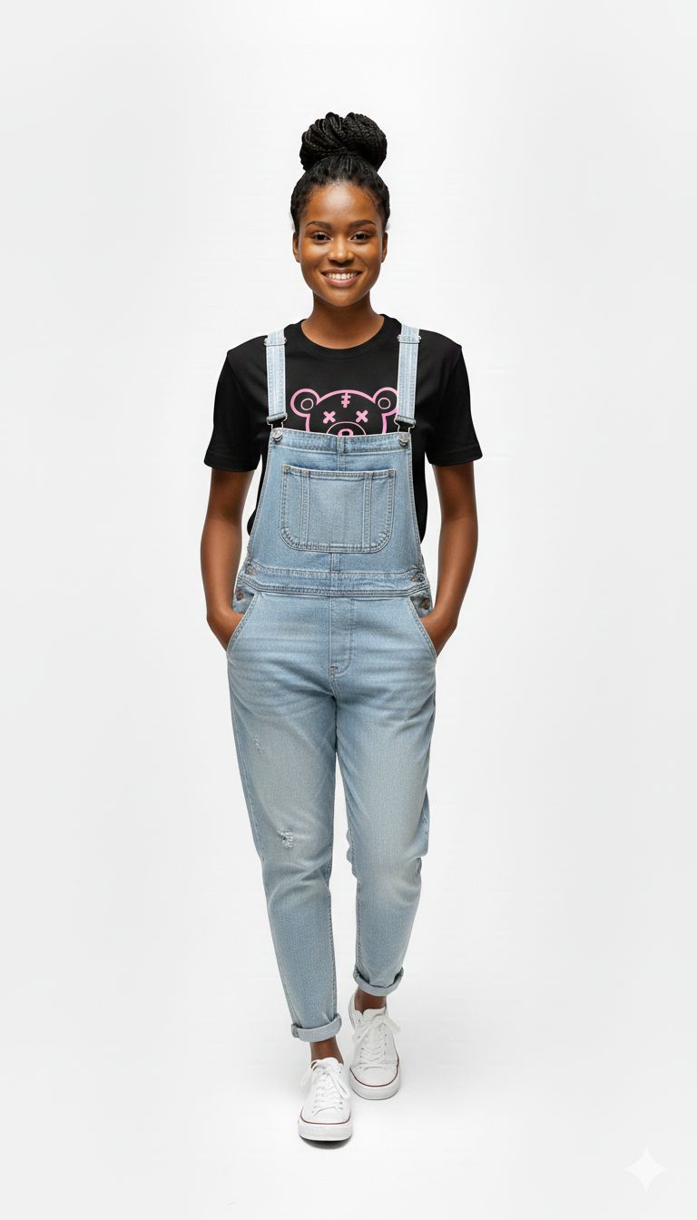 Black Women's T-Shirt with Cute Pink Stitched Teddy Bear Graphic | Casual Fashion Loose Fit Top