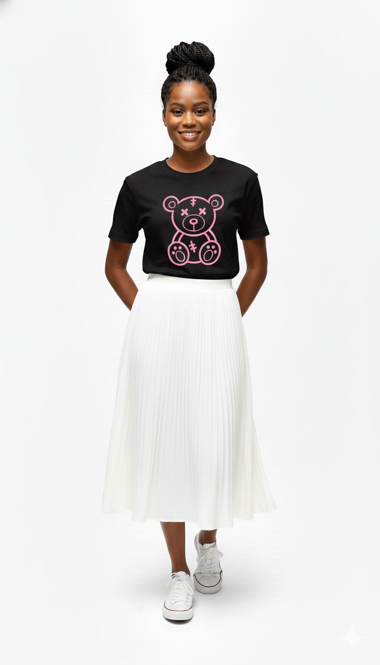 Black Women's T-Shirt with Cute Pink Stitched Teddy Bear Graphic | Casual Fashion Loose Fit Top