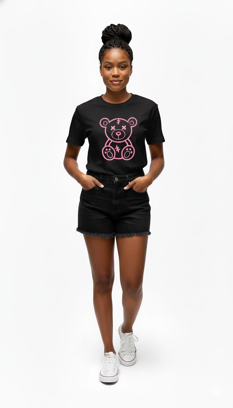 Black Women's T-Shirt with Cute Pink Stitched Teddy Bear Graphic | Casual Fashion Loose Fit Top