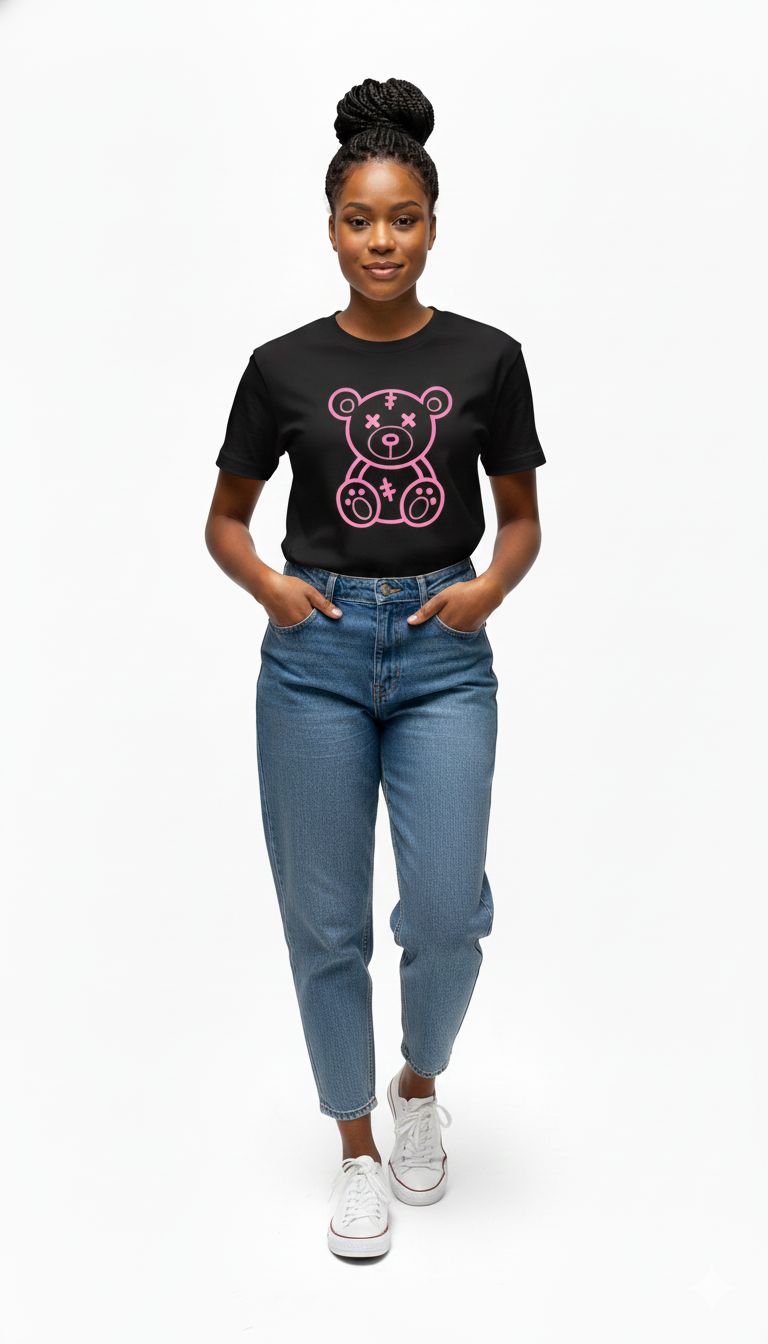 Black Women's T-Shirt with Cute Pink Stitched Teddy Bear Graphic | Casual Fashion Loose Fit Top