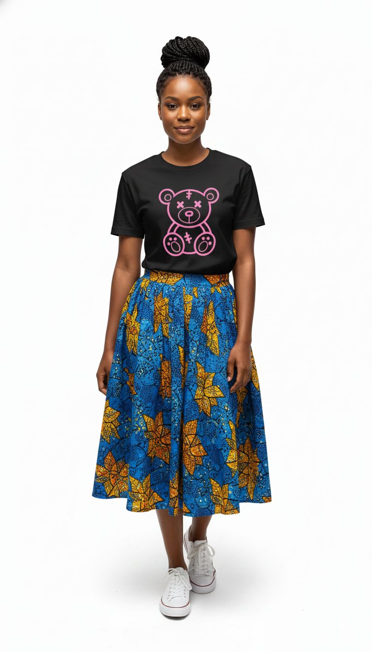Black Women's T-Shirt with Cute Pink Stitched Teddy Bear Graphic | Casual Fashion Loose Fit Top