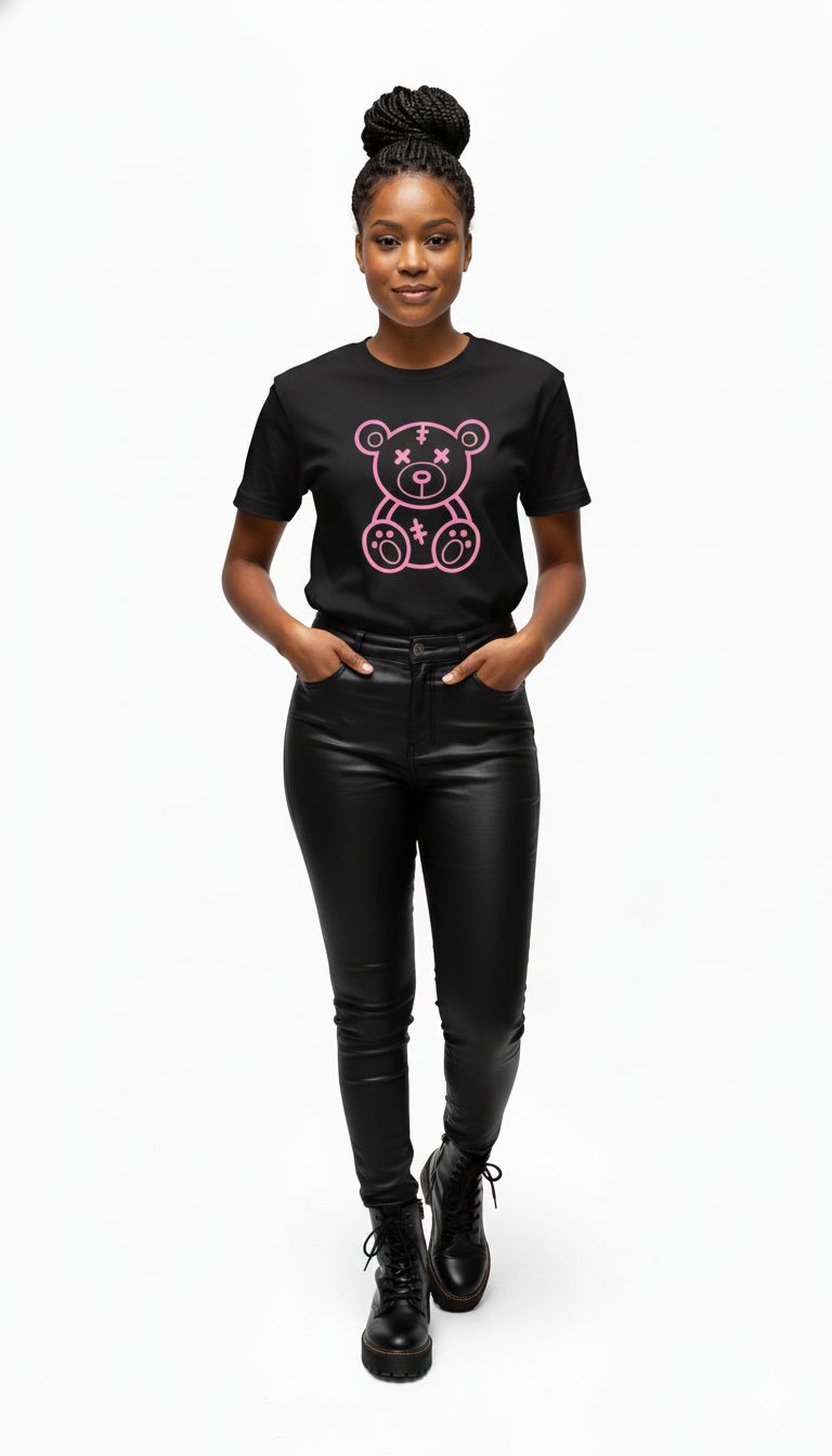 Black Women's T-Shirt with Cute Pink Stitched Teddy Bear Graphic | Casual Fashion Loose Fit Top