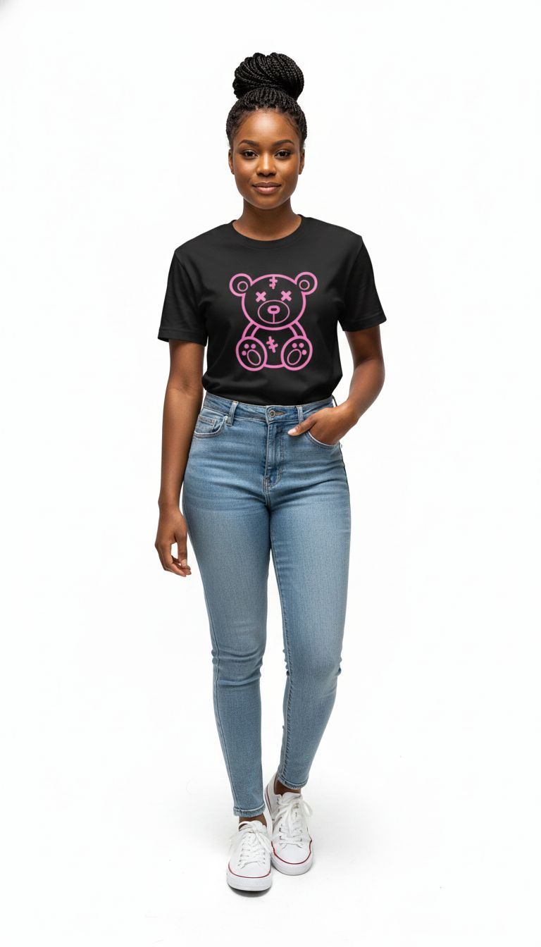 Black Women's T-Shirt with Cute Pink Stitched Teddy Bear Graphic | Casual Fashion Loose Fit Top