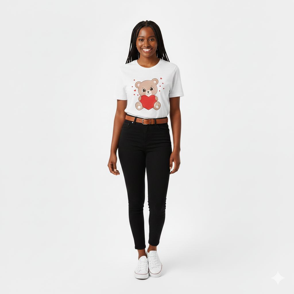 Ladies' Teddy Bear T-Shirt Cute Heart Print Women Tops 100% Cotton Round Neck Tee Birthday Gift Casual Fashion Tee
